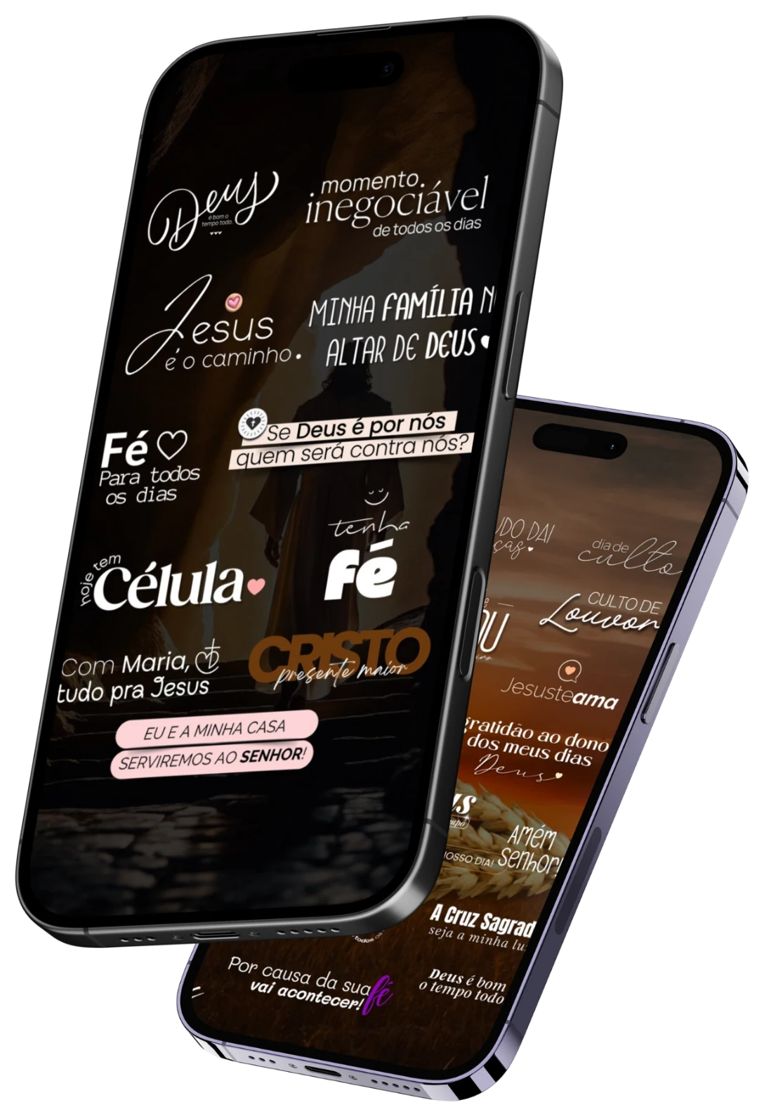 Dois celulares com figurinhas cristãs: Jesus é o caminho, Tenha fé, Cristo presente maior