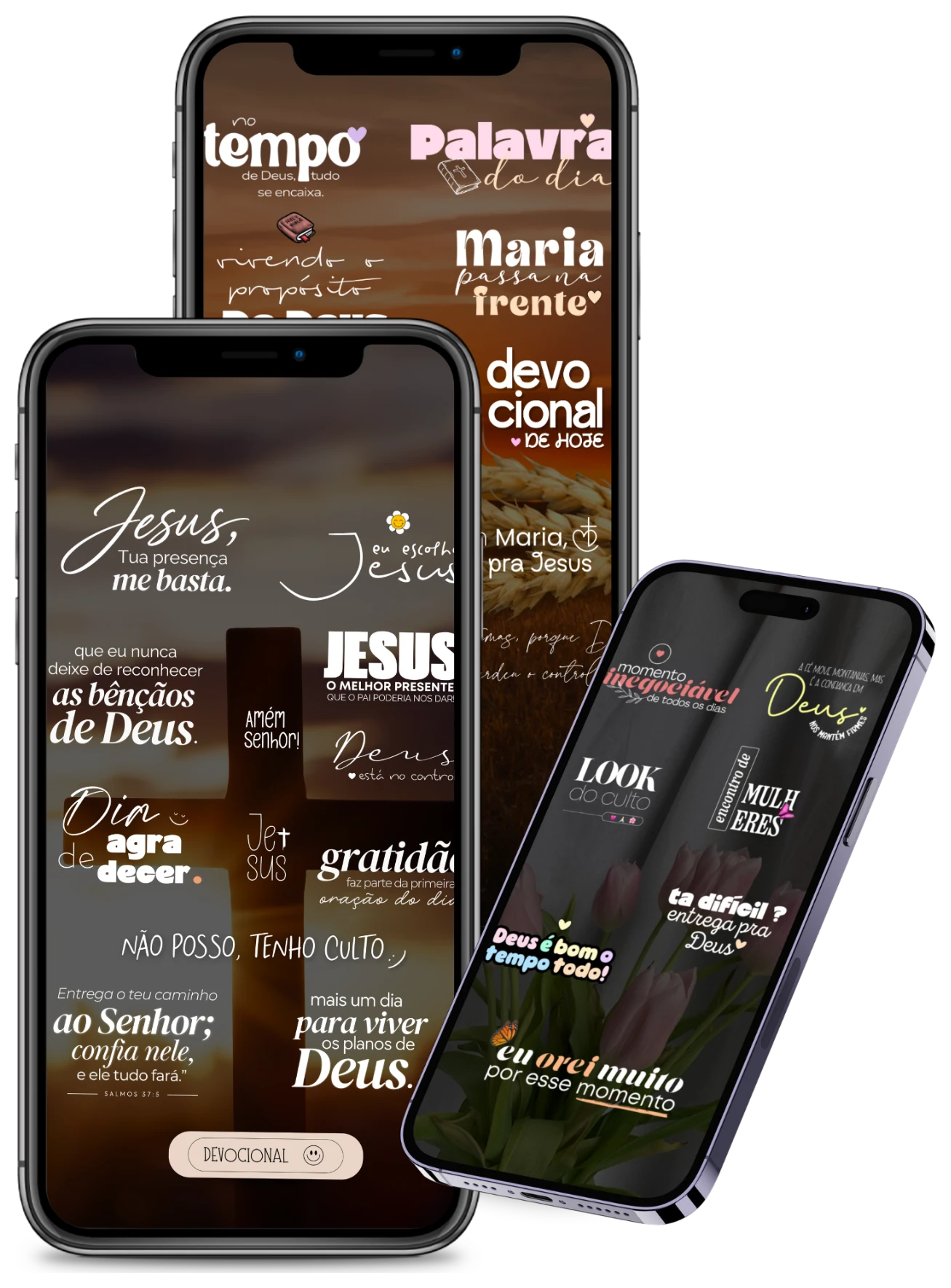 Três celulares com figurinhas cristãs: Jesus me basta, devocional, gratidão e versículos